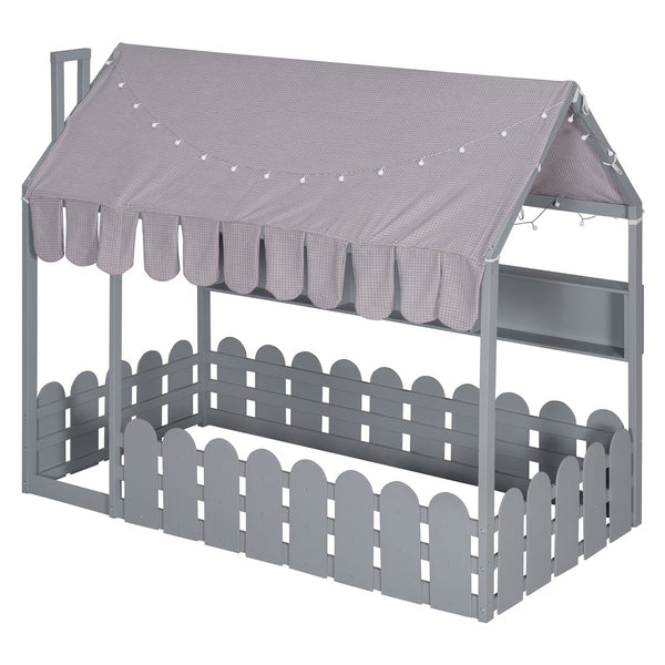 English Elm {slats Are Not Included} Twin Montessori House Floor Bed Kids Tent Lights Shelves Pinewood Frame Gray N708P407962E