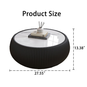 English Elm Light Marble Top Drum-Shaped Coffee Table With Black Leather Base – Modern Living Room Accent Piece W3081P367627