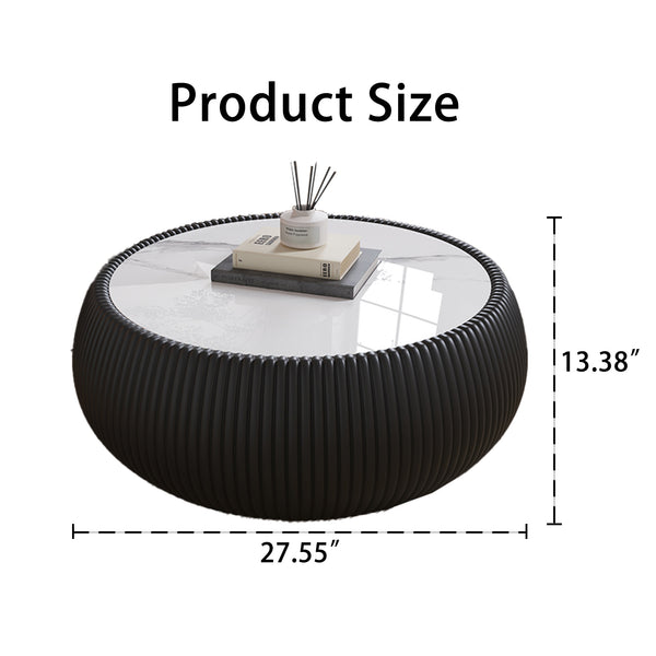 English Elm Light Marble Top Drum-Shaped Coffee Table With Black Leather Base – Modern Living Room Accent Piece W3081P367627