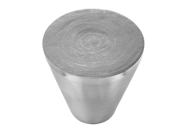 English Elm Accent Drum End Table with Hammered Metal Finish — 22" Handcrafted Cone Shape for Chic Living Spaces Chrome 23 L x 23 W x 26 H B2710P219457