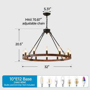 English Elm 31.5 Inch Wagon Wheel Chandelier Wood Matte Black 12-light Farmhouse Pendant Fixture W5008P464752