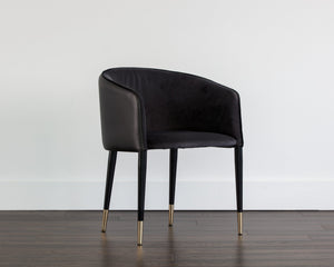 Sunpan Asher Dining Armchair - Modern Barrel Back Design with Black Steel Legs and Elegant Gold Foot Caps Abbington Black / Napa Black