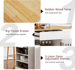 English Elm K&k Rolling Kitchen Island Rubber Wood Top Fluted Cabinet Built-in Charging Station White N707S221571W