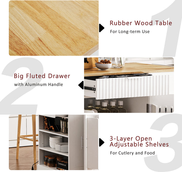 English Elm K&k Rolling Kitchen Island Rubber Wood Top Fluted Cabinet Built-in Charging Station White N707S221571W