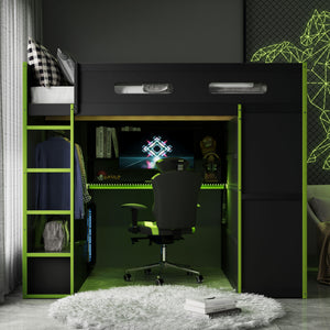 English Elm Full Size Gaming Loft Bed with Rgb Lighting Desk Wardrobe and Mdf Wood Frame LT000261AAG