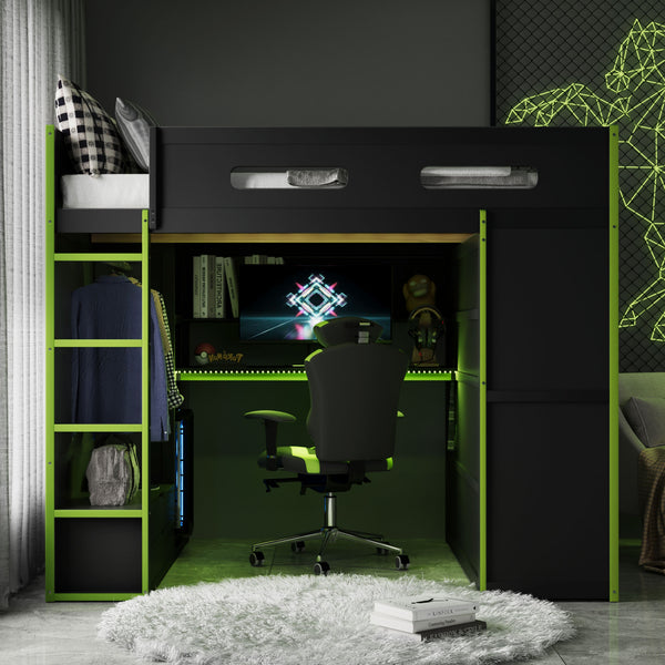 English Elm Full Size Gaming Loft Bed with Rgb Lighting Desk Wardrobe and Mdf Wood Frame LT000261AAG