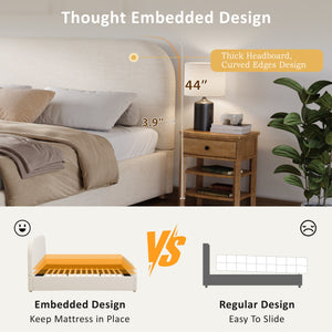 English Elm King Upholstered Bed Curved Linen Headboard Solid Wood Legs Transitional Bedroom N757K427673I