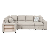 English Elm 109" U-Shaped Sectional Sofa Pull-Out Sofa Bed With Two Usb Ports, A Storage Chaise Lounge and Four Back Pillows For Living Room, Beige