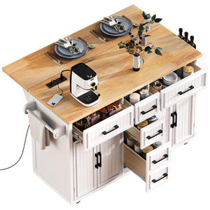English Elm K&k Farmhouse Rolling Kitchen Island Drop Leaf Power Outlet Five Drawers Cabinet Storage White N707S263094W