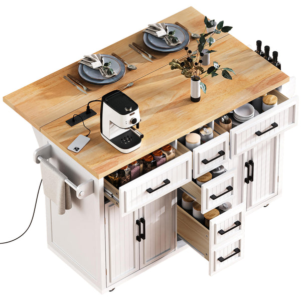 English Elm K&k Farmhouse Rolling Kitchen Island Drop Leaf Power Outlet Five Drawers Cabinet Storage White N707S263094W
