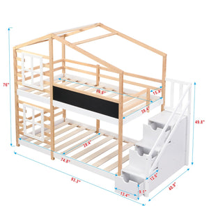 English Elm Twin Over Solid Pine House Bunk Bed with Blackboard Storage Staircase W495S00012