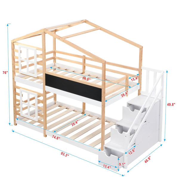 English Elm Twin Over Solid Pine House Bunk Bed with Blackboard Storage Staircase W495S00012