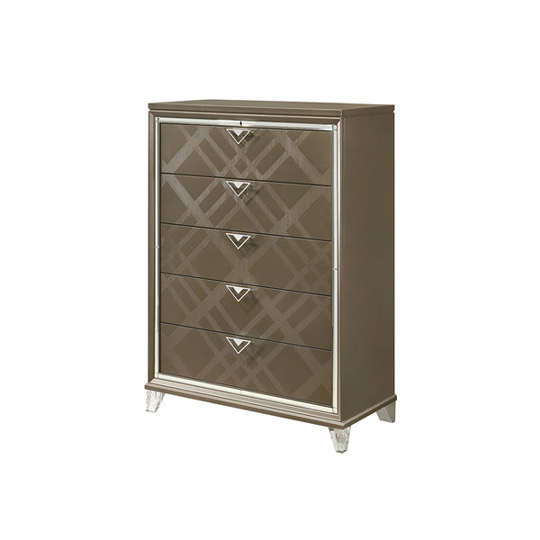 English Elm Skylar Mirrored Beveled 6-Drawer Dresser with Embossed Fronts, Acrylic Legs & Smooth Metal Glides Champagne 55 L x 20 W x 41 H B2726P261237