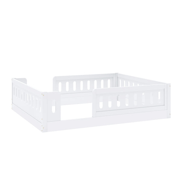 English Elm Wood Full Size Kids Platform Bed Solid Pine Guardrail Low Profile Safe Sleep Frame White N709P321458K