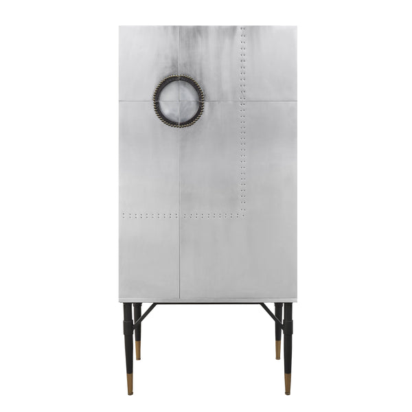 English Elm Yoela Leather Trim Wine Cabinet with Nailhead Detail and Four Door Bar Storage B2726P457655
