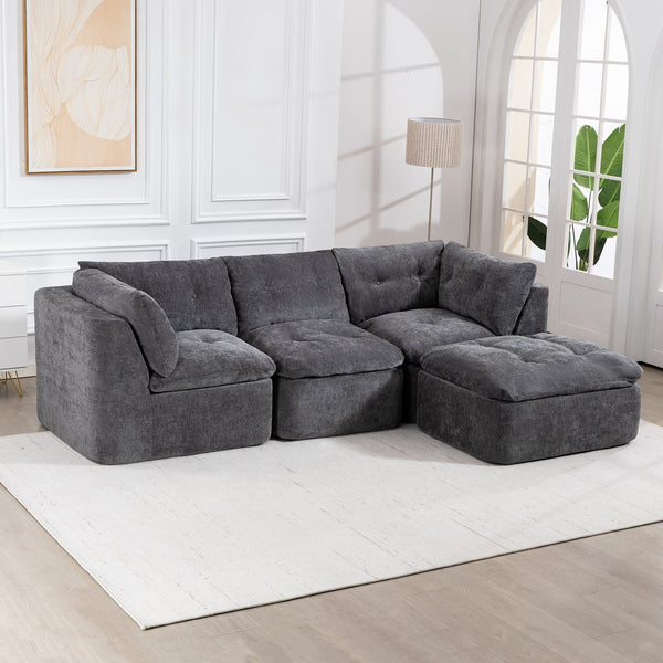 English Elm Modern Chenille Cloud Sectional with Ottoman Deep Sink Modular L Shaped Living Room Sofa Dark Grey W2379S00004