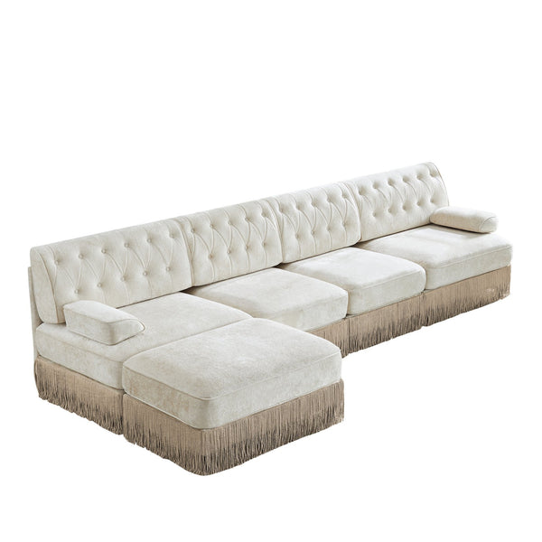 English Elm 135" Modular Velvet Sectional Sofa Chesterfield Tufted Tassel Skirt Living Room W714S01689