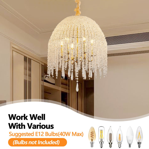 English Elm 20 6-Light K9 Crystal Pendant Chandelier, Gold Waterfall Bead Strings, Adjustable Height, Elegant W2312P368720
