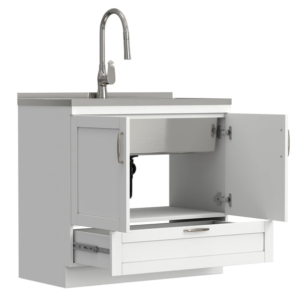 English Elm Hennessy Shaker Cabinet Utility Sink Stainless Steel Basin Laundry Room Setup B136P427209