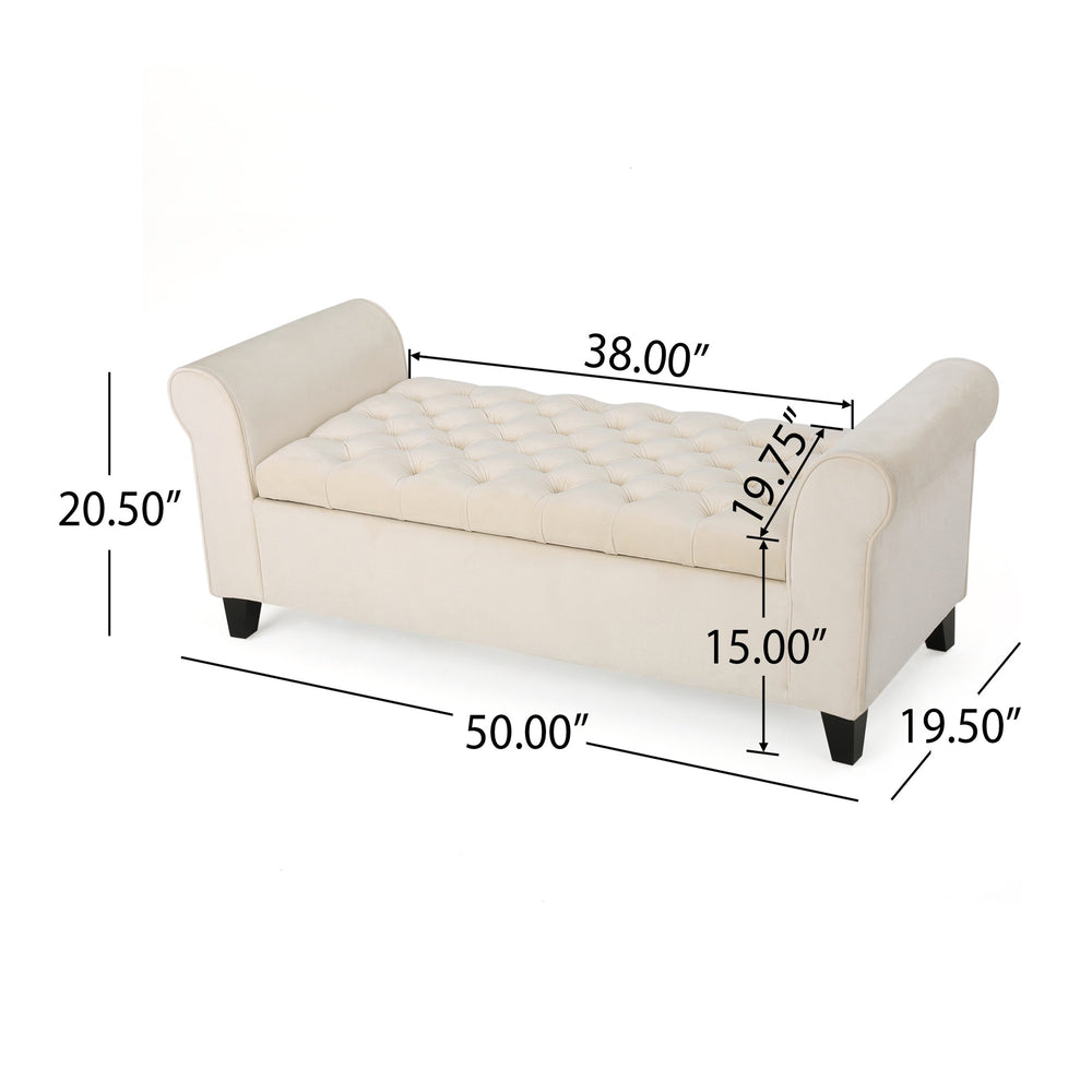 English Elm Lvory Linen Tufted Storage Bench with Rolled Arms and Hidden Lift Top Compartment N770P372389A
