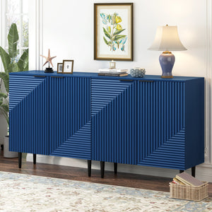 English Elm Mirod Geometric Relief Mdf Cabinet Set Lacquered Finish Metal Legs Modern Living Room Navy Blue N760S0000034M
