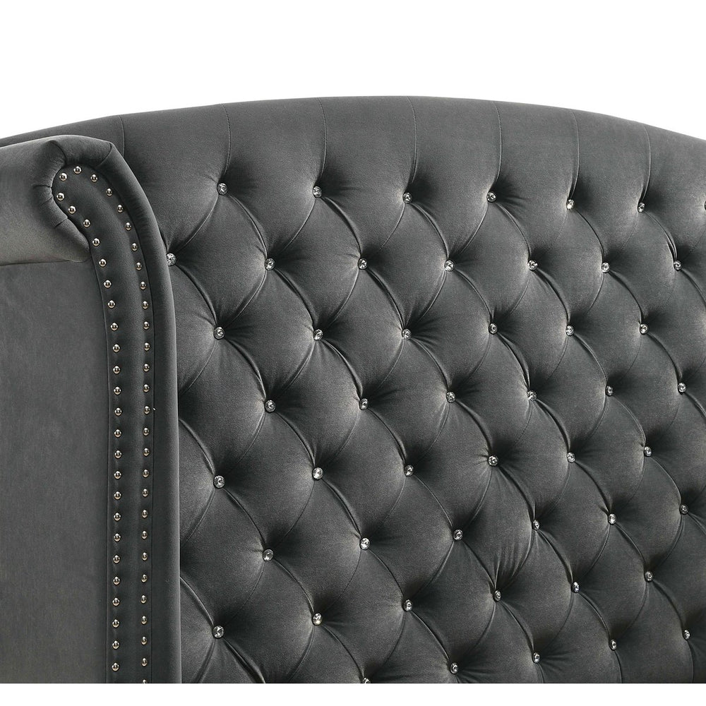 English Elm Kennedy Glam Grey Upholstered Queen Wingback Bed with Diamond Tufting, Chrome Nailhead Trim, Luxe B062S01347