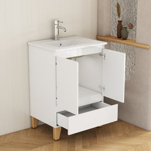 English Elm 24-inch Glossy White Bathroom Vanity Combo with Ceramic Sink and Solid Wood Feet W3151S00066