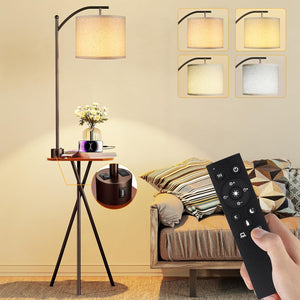English Elm Floor Lamp with Built-in Side Table Usb Charging Remote Dimming for Living Room Brown W3355P440816