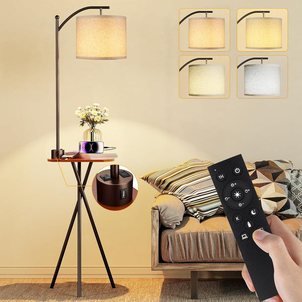 English Elm Floor Lamp with Built-in Side Table Usb Charging Remote Dimming for Living Room Brown W3355P440816