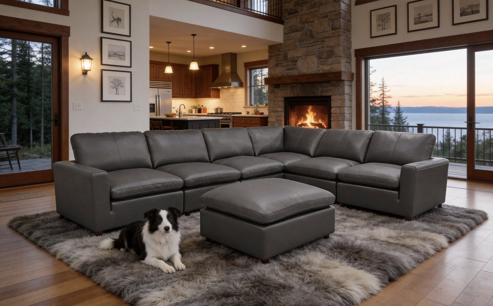 English Elm Leather Match Modular Sectional Sofa with Top Grain Upholstery for Open Living Rooms Blue Gray B2748S00171