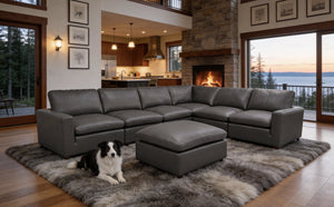 English Elm Leather Match Modular Sectional Sofa with Top Grain Upholstery for Open Living Rooms Blue Gray B2748S00171
