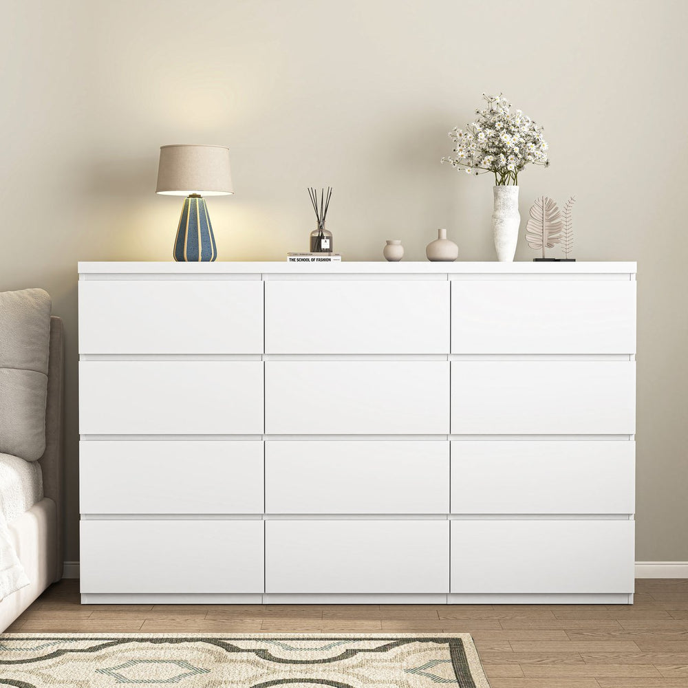 English Elm 12 Drawer Wide Double Dresser Modern Symmetrical Wood Storage Chest for Bedroom W409S00018