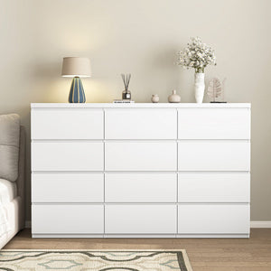 English Elm 12 Drawer Wide Double Dresser Modern Symmetrical Wood Storage Chest for Bedroom W409S00018