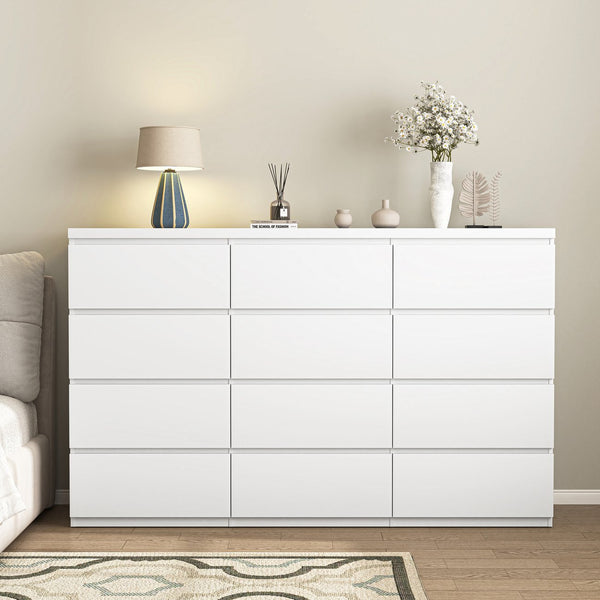 English Elm 12 Drawer Wide Double Dresser Modern Symmetrical Wood Storage Chest for Bedroom W409S00018