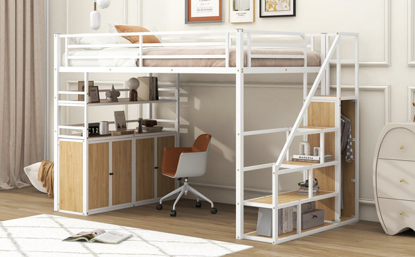 English Elm Full Size Metal Loft Bed with Desk, Storage Staircase, Wardrobe & Shelves — Space-Saving White GX002219AAK