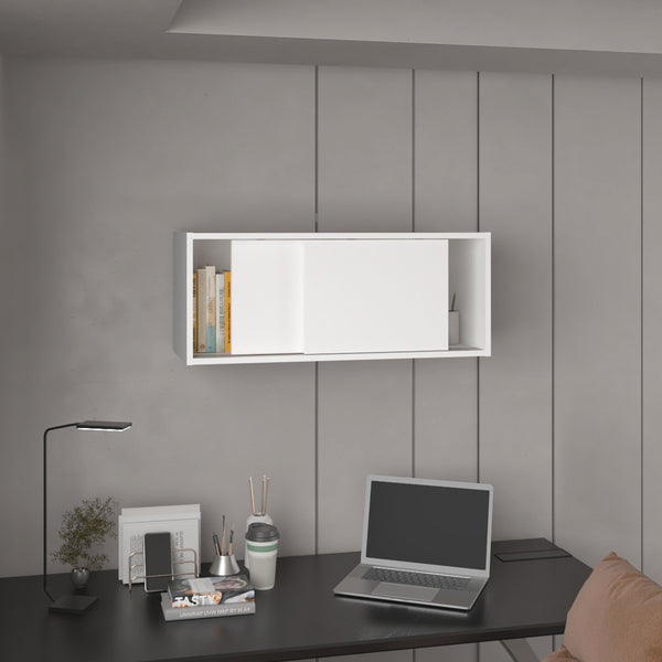 English Elm Note modern 32" W x 13" H wall cabinet with sliding doors for organized storage in home and office spaces White 33.9 L x 14.2 W x 3.6 H B070P238867