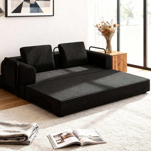 English Elm 78 Inch Corduroy Convertible Sofa Sleeper Futon with Foldable Armrests for Studio Rooms Black W5385P455023