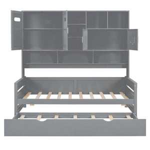 English Elm Twin Size Wooden Daybed With Trundle, Integrated Storage Cabinet & Shelves For Kids' Rooms, Gray N820S00026E-GIGA