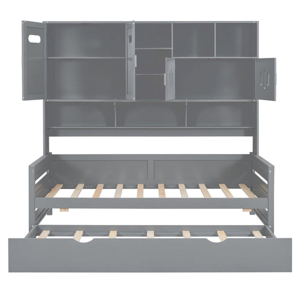 English Elm Twin Size Wooden Daybed With Trundle, Integrated Storage Cabinet & Shelves For Kids' Rooms, Gray N820S00026E-GIGA