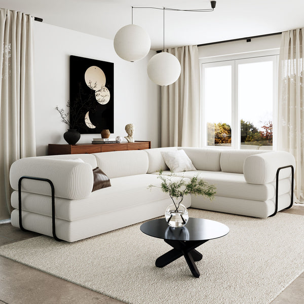 English Elm U_style Modular Corduroy Sectional Sofa Converts to Guest Bed for Apartment Living Beige WY000463AAA
