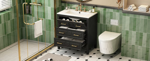 English Elm 30'' Bathroom Vanity with Ceramic Sink, Solid Wood Frame Retro Style Vanity with 3 Drawers & Gold Handles Black N710P246209B