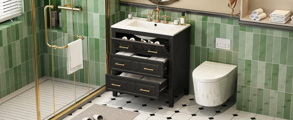 English Elm 30'' Bathroom Vanity with Ceramic Sink, Solid Wood Frame Retro Style Vanity with 3 Drawers & Gold Handles Black N710P246209B