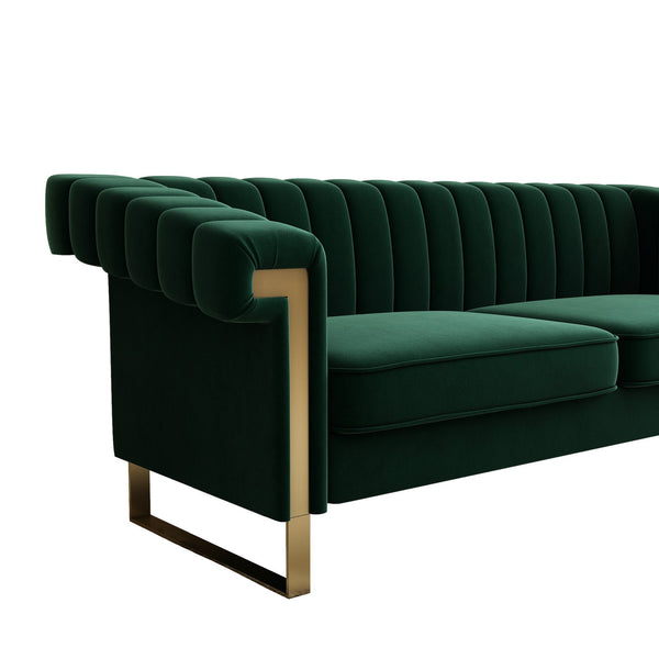 English Elm FX-P81-RG2 Black Velvet Chesterfield Sofa with Gold L Legs, Channel Tufted 3-Seater for Glam Rooms W576S00089