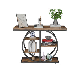 English Elm 41.3 Inch Five Tier Industrial Console Table Rustic Wood Shelves Round Metal Frame W3101P460015