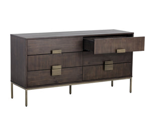 Sunpan Jade Dresser: Stunning Acacia Wood Design with Six Drawers for Elegant Bedroom Storage Solutions Antique Brass / Dark Mango