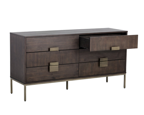 Sunpan Jade Dresser: Stunning Acacia Wood Design with Six Drawers for Elegant Bedroom Storage Solutions Antique Brass / Dark Mango