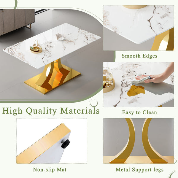 English Elm Marble-Patterned Foldable Dining Table Set With 6 Ergonomic Armchairs – Modern Gold Accents & Style W2920S00088