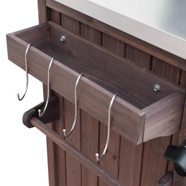 English Elm K&k Outdoor Rolling Kitchen Island Fir Wood Stainless Steel Top with Foldable Prep Station Dark Brown N707P370276Z