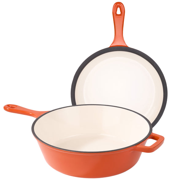 English Elm Enameled Cast Iron Skillets Dutch Oven Set 3QT + 1.5QT – Durable Heat-Retaining, Versatile Cookware Orange T3950P399255