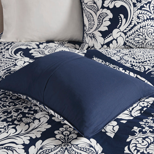 English Elm 7 Piece Cotton Printed Comforter Set - Elegant Indigo Damask Design For Luxurious Bedroom Style B03596962